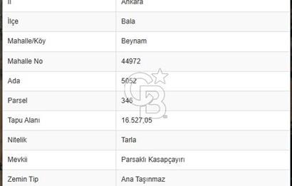 BEYNAMDA SATILIK 16.527 M2 TEK TAPU FIRSAT TARLA