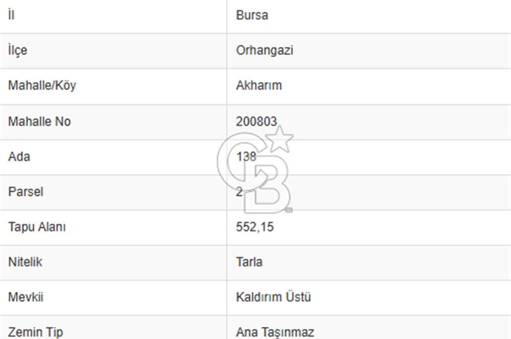 CB CLASS BURSA -ORHANGAZİ- AKHAREM 552 m² TARLA