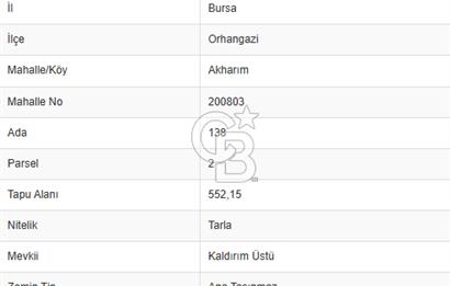 CB CLASS BURSA -ORHANGAZİ- AKHAREM 552 m² TARLA