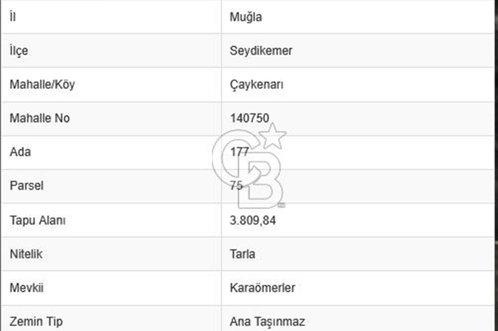 Seydikemer Çaykenarı’nda Satılık 634,97 m2 Yatırımlık Tarla
