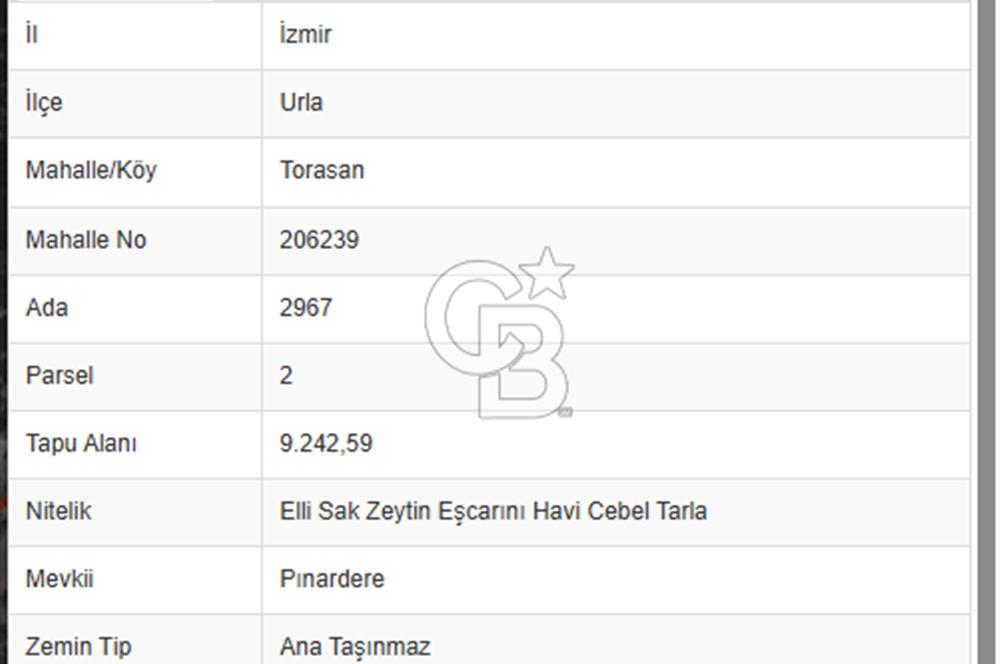 Urla Torasan’da Deniz Manzaralı 9242 m² Arazi