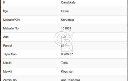 EZİNE KÖRÜKTAŞI'NDA DENİZE 5.5 KM BOZCAADA'YA YAKIN, YATIRIMLIK TARLA
