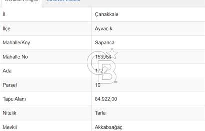ÇANAKKALE AYVACIK SAPANCA KÖYÜ SATILIK TEK TAPU 84.922 M2 TARLA