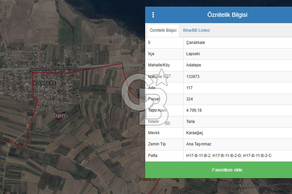 ÇANAKKALE LAPSEKİ ADATEPE KÖYÜNDE İMARA YAKIN SATILIK TARLA