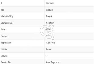 GEBZE BALÇIKTA TİCARİ KOTLU 1.687 m² ARSA/1.200 m² İNŞAAT HAKKI