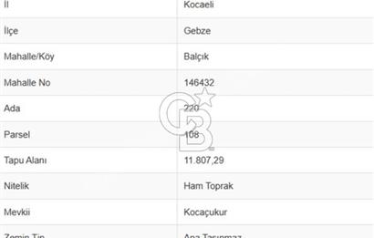 GEBZE BALÇIKTA YATIRIMLIK 11.807 m² ARSA KAMULAŞTIRMA ALANI