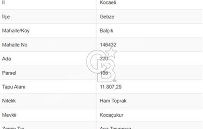 GEBZE BALÇIKTA YATIRIMLIK 11.807 m² ARSA KAMULAŞTIRMA ALANI