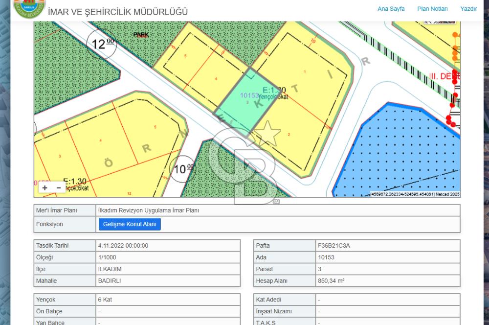 İLKADIM BADIRLI YOLA CEPHE KAT KARŞILIĞI  850m² ARSA 