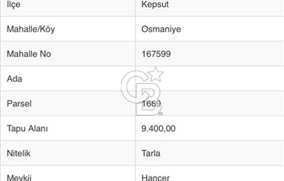 CB KiNG'DEN KEPSUT OSMANİYE'DE SATILIK 9.400 M2 TARLA
