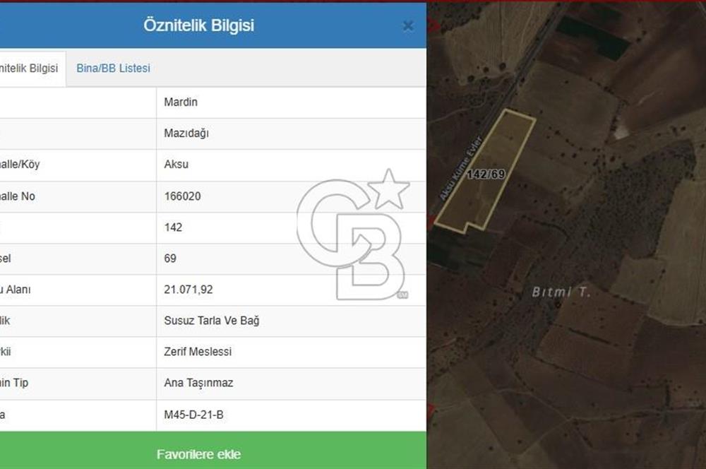 Mardin Mazıdağı Aksu ' da 21 Dönüm Satılık TARLA CB-PH