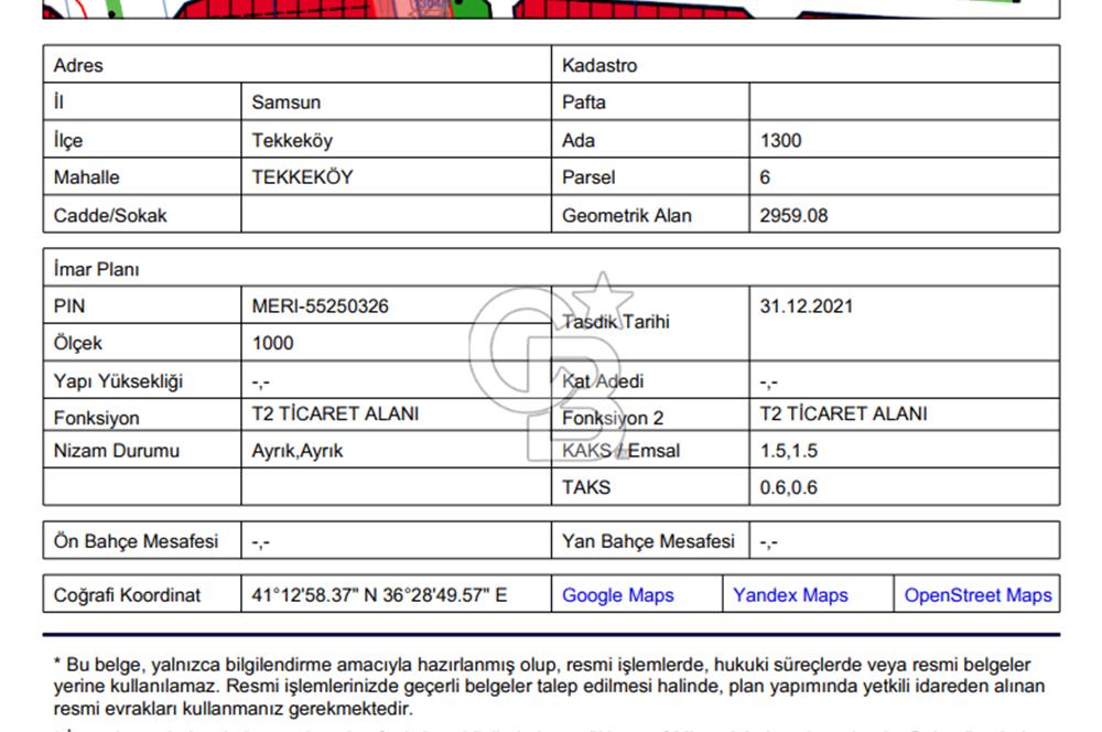 SAMSUN TEKKEKÖY MERKEZ'DE TİCARET İMARLI 2959 m² ARSA – KAT KARŞILIĞI VERİLECEKTİR!