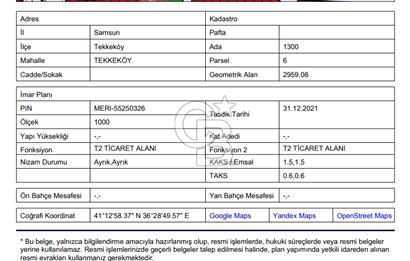 SAMSUN TEKKEKÖY MERKEZ'DE TİCARET İMARLI 2959 m² ARSA – KAT KARŞILIĞI VERİLECEKTİR!