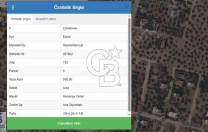 CB CLASS ÇANAKKALE GEYİKLİ/ HÜRRİYET 500 M2 SATILIK ARSA