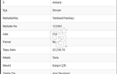 Sincan Yenikent Yenikayı’da SATILIK Hisseli 1291 m2 TARLA …