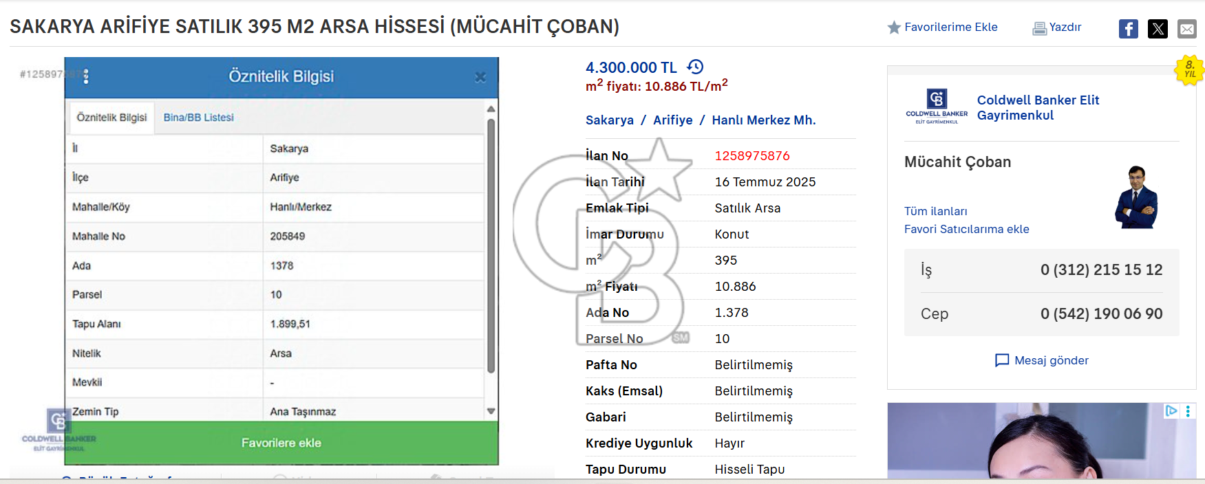 SAKARYA ARİFİYE SATILIK 395 M2 ARSA HİSSESİ (MÜCAHİT ÇOBAN)