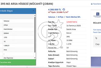 SAKARYA ARİFİYE SATILIK 395 M2 ARSA HİSSESİ (MÜCAHİT ÇOBAN)