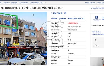TUNALI BÜLTEN SOKAK; OTOPARKLI 3+1 DAİRE (CB ELİT MÜCAHİT ÇOBAN)