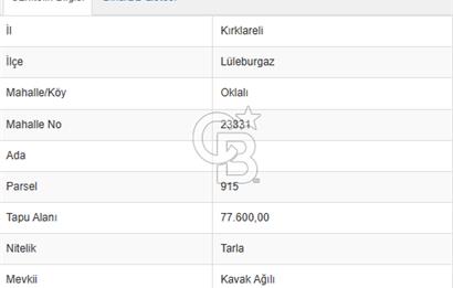 KIRKLARELİ – LÜLEBURGAZ / OKLALI KÖYÜ’NDE 77.600 DÖNÜMLÜK DEV YATIRIM ARAZİSİ