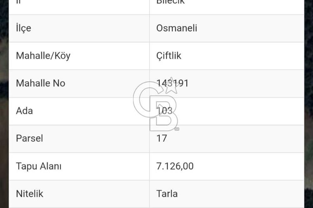  BİLECİK OSMANELİ – ÇİFTLİK KÖYÜ – KIRANLAR MEVKİİ – 7126 m² TARLA