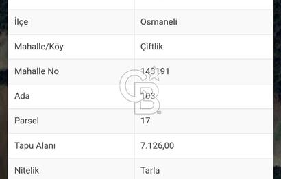  BİLECİK OSMANELİ – ÇİFTLİK KÖYÜ – KIRANLAR MEVKİİ – 7126 m² TARLA