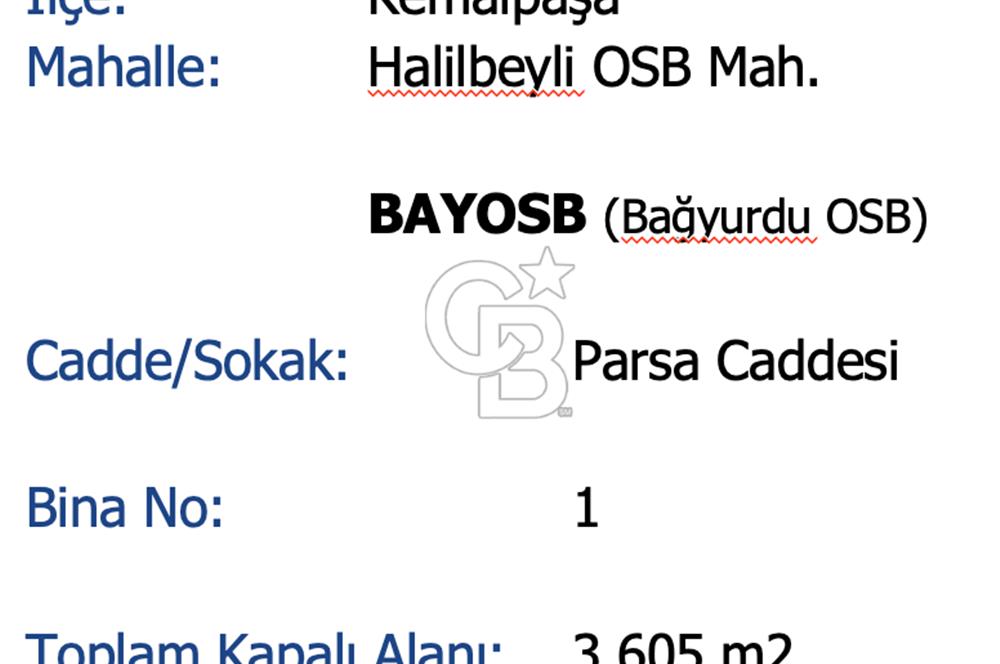 İzmir, Kemalpaşa, Halilbeyli, BAYOSB - Bağyurdu OSB, Kiralık 3.605 m2 Fabrika ve 5.000 m2 Arsa