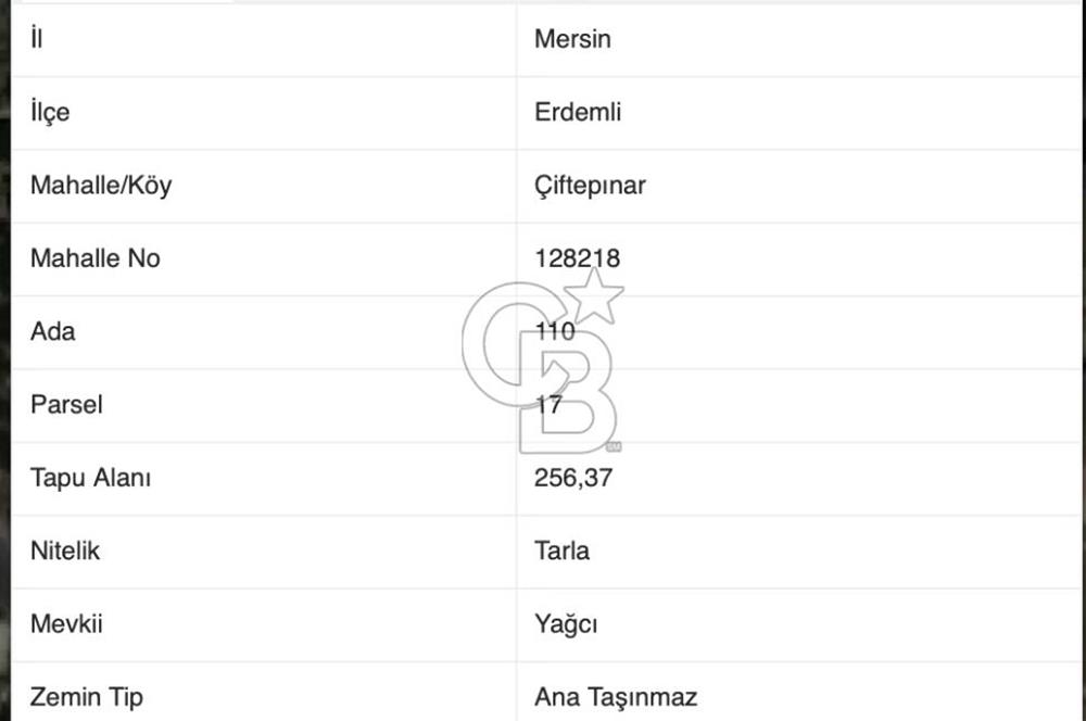 MERSİN ERDEMLİ ÇİFTEPINAR'DA SATILIK TARLA 