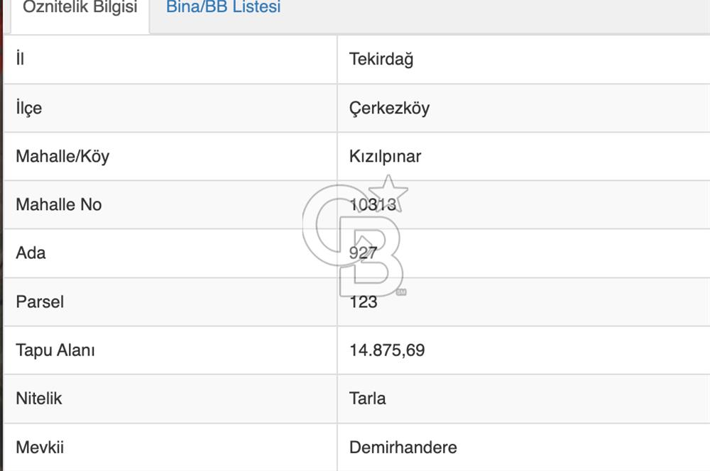 Çerkezköy Kızılpınar'da Müstakil Tapulu Satılık 14.875m2 Fırsat Arazi 