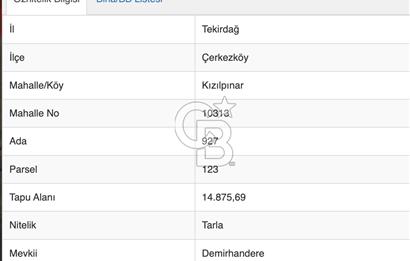 Çerkezköy Kızılpınar'da Müstakil Tapulu Satılık 14.875m2 Fırsat Arazi 