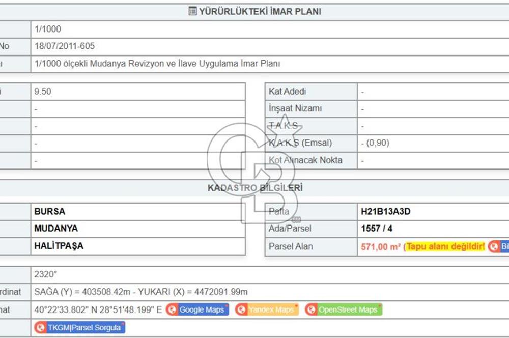 MUDANYA / HALİTPAŞA'DA KAT KARŞILIĞI İMARLI ARSA