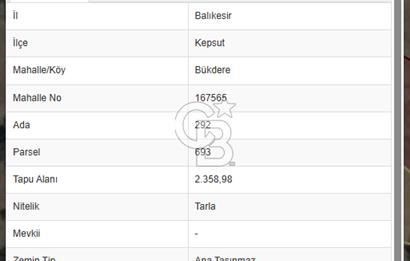 BALIKESİR KEPSUT BÜKDERE'DE 2.358 m2 SATILIK TARLA
