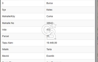 BURSA KELES CUMA ESENLİK MEVKİİNDE SATILIK TARLA