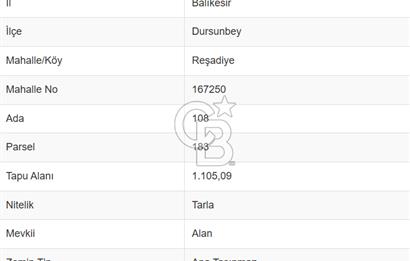 BALIKESİR DURSUNBEY REŞADİYE’DE 1.105 M2 SATILIK TARLA