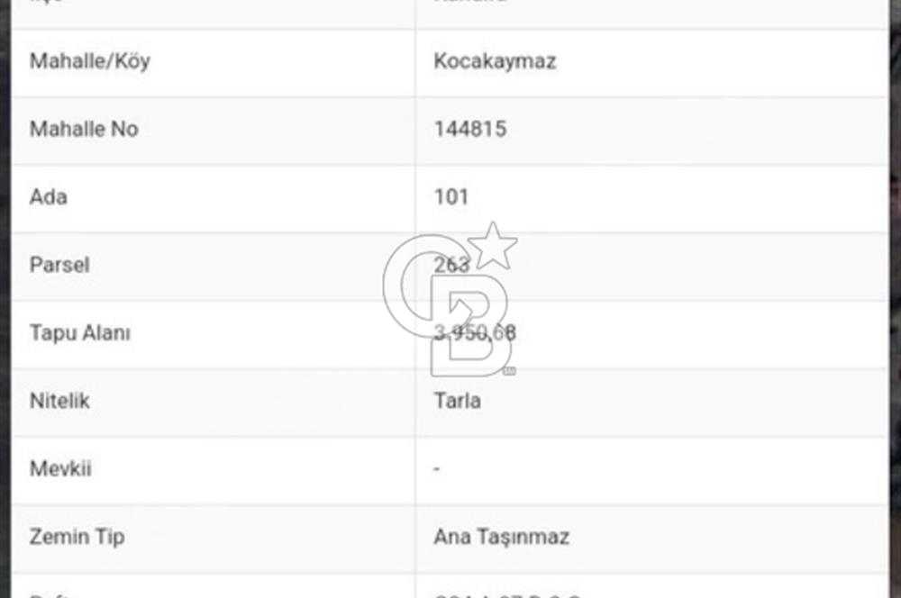 CB MAHALL den KANDIRA KOCAKAYMAZDA 3950 M2 ARSA