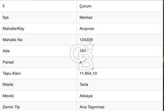 ÇORUM MERKEZ'DE 11.854,10M2 YATIRIMA UYGUN FIRSAT ARSA