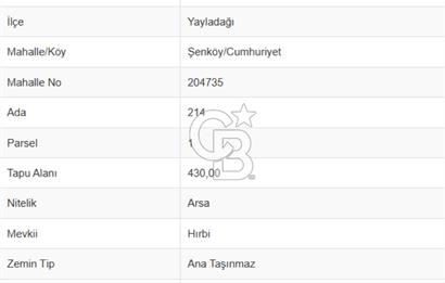 YAYLADAĞI-ŞENKÖY MAH'DE 430 M2 İMARLI TEK TAPU SATILIK ARSA
