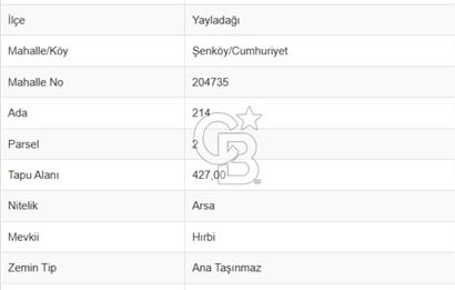 YAYLADAĞI-ŞENKÖY MAH'DE 427M2 KONUT İMARLI TEK TAPU SATILIK ARSA