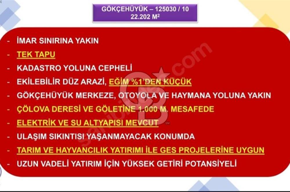 GÖLBAŞI GÖKÇEHÖYÜK MAHALLESİ SATILIK 22.202 M2 TEK TAPU TARLA