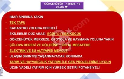 GÖLBAŞI GÖKÇEHÖYÜK MAHALLESİ SATILIK 22.202 M2 TEK TAPU TARLA