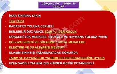GÖLBAŞI GÖKÇEHÖYÜK MAHALLESİ SATILIK 22.202 M2 TEK TAPU TARLA