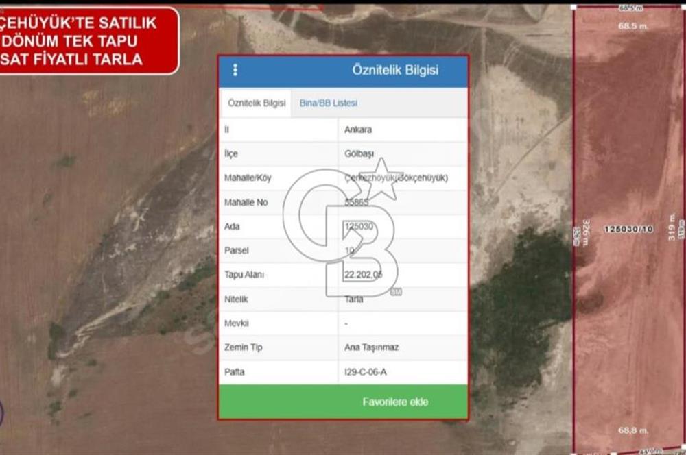 GÖLBAŞI GÖKÇEHÖYÜK MAHALLESİ SATILIK 22.202 M2 TEK TAPU TARLA