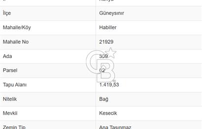 KONYA GÜNEYSINIR HABİLLER’DE 1.419 M2 SATILIK TARLA