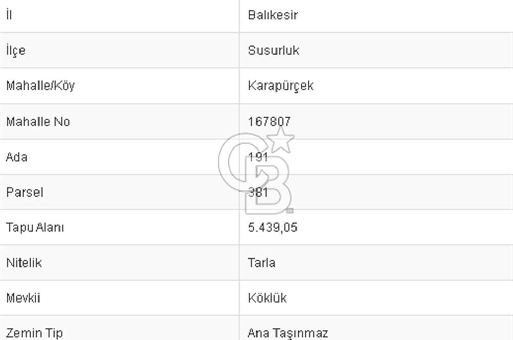 CB BLACK'TAN SUSURLUK KARAPÜRÇEK'TE SATILIK TARLA