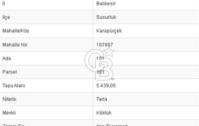 CB BLACK'TAN SUSURLUK KARAPÜRÇEK'TE SATILIK TARLA
