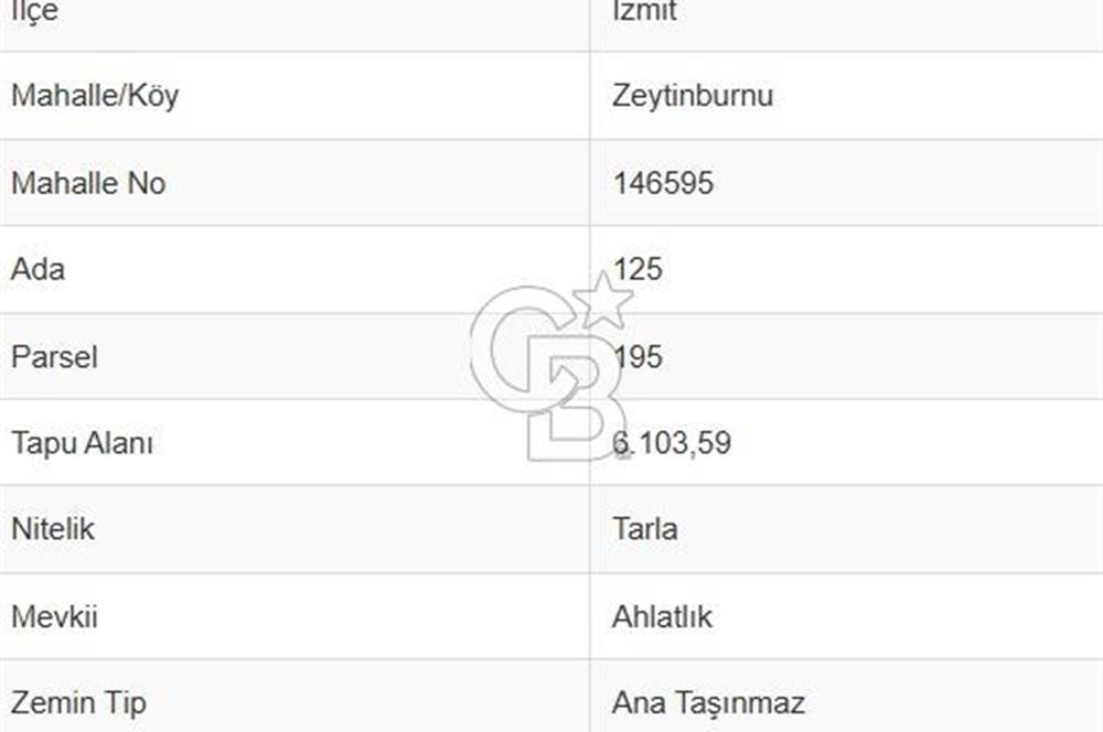 KOCAELİ İZMİT ZEYTİNBURNUN'DA 6103 m2 ARAZİ