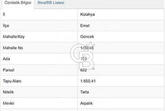 Kütahya Emet Göncek köyü dibinde asfalta cephe 1650 mt !