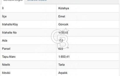 Kütahya Emet Göncek köyü dibinde asfalta cephe 1650 mt !