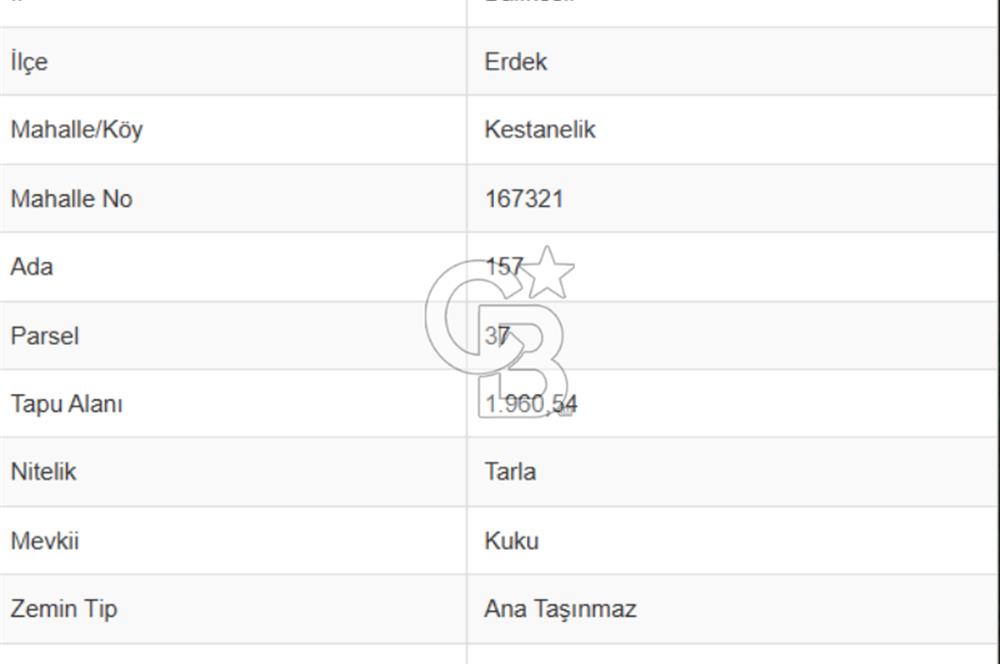 BALIKESİR-ERDEK-KESTANELİK'DE 1.960m2 TEK TAPU SATILIK TARLA