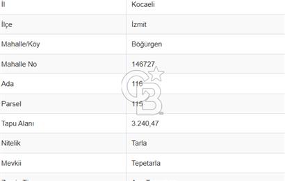 İZMİT BÖĞÜRGEN 'DE 3240 m² KADASTRAL YOLA CEPHE SATILIK TARLA