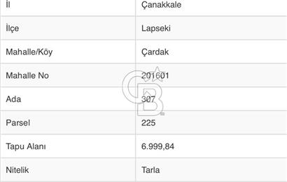 ÇANAKKALE LAPSEKİ ÇARDAK’TA BOĞAZ MANZARALI SATILIK TARLA 
