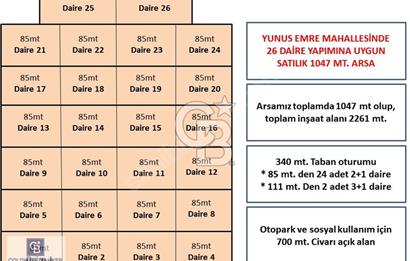 YENİDOĞAN YUNUSEMRE DE 1047 MT. İMARLI 26 DAİRELİK ARSA